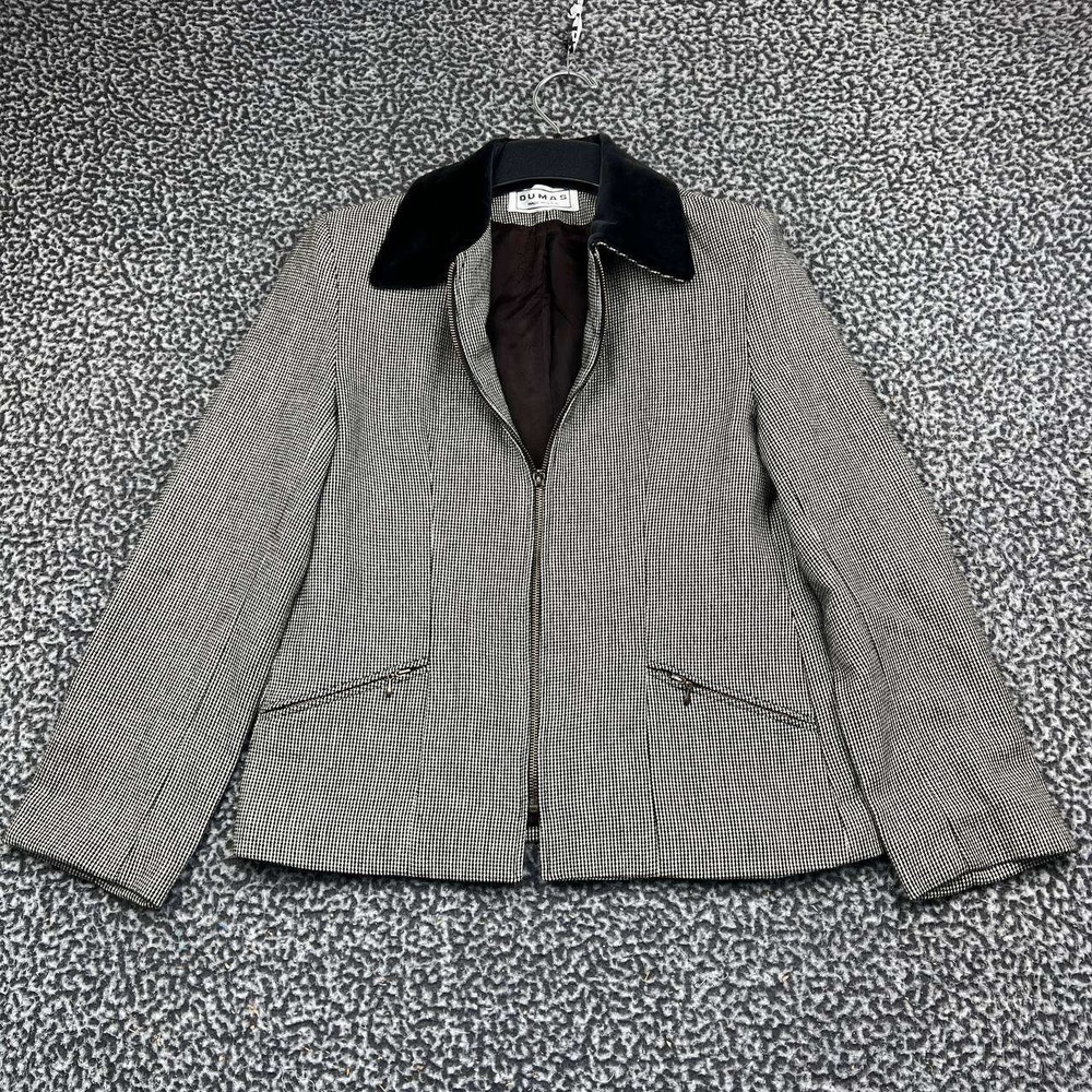 Vintage Dumas Jacket Women Medium Houndstooth Zip Up Black White Velvet Collar